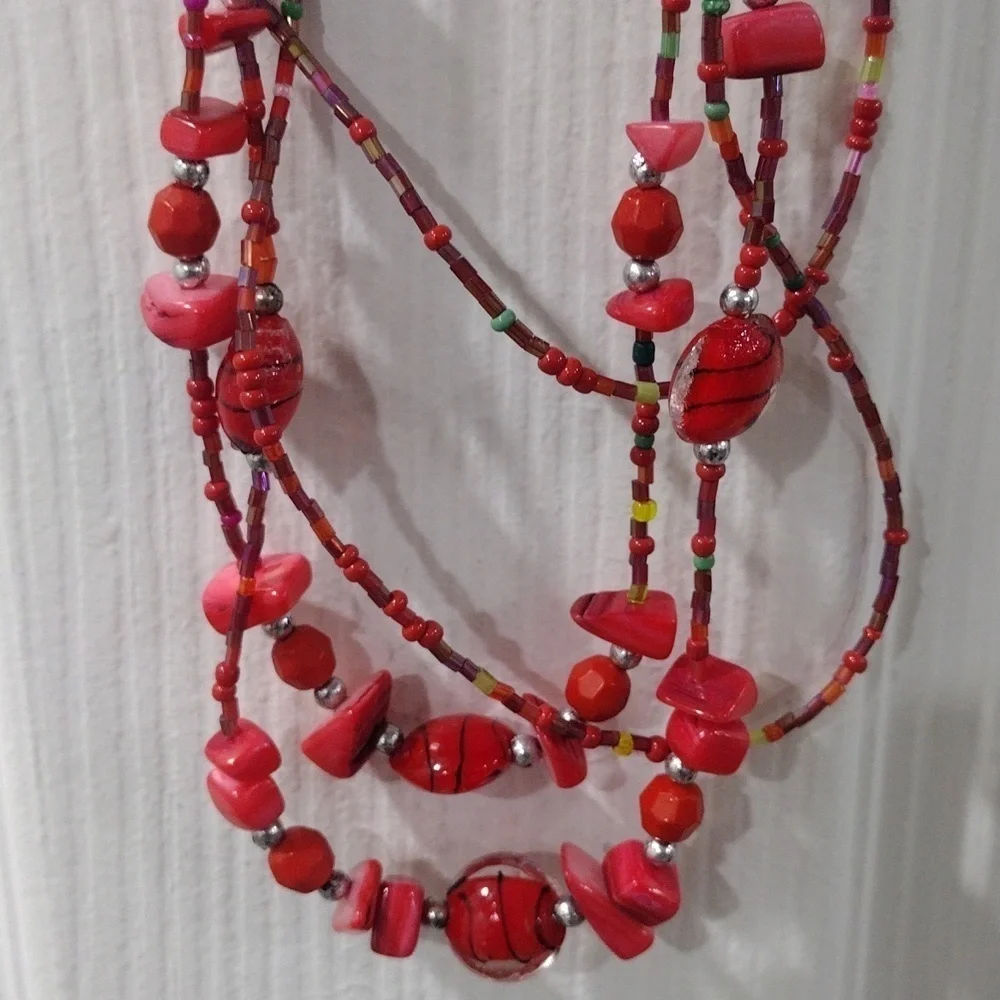 Women's Red Colorful Various Beads Sizes Layered Necklace w/ Matching Earrings